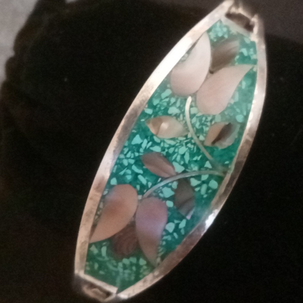 Sterling silver 925 Mexico taxco mother of pearl and turquoise bracelet